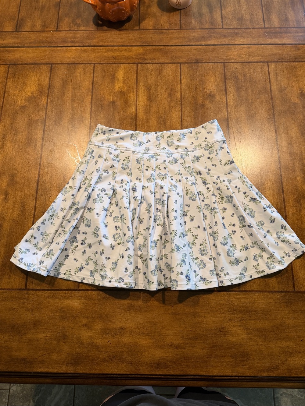 Floral White & Light Blue Pleated Skater Skirt - Women